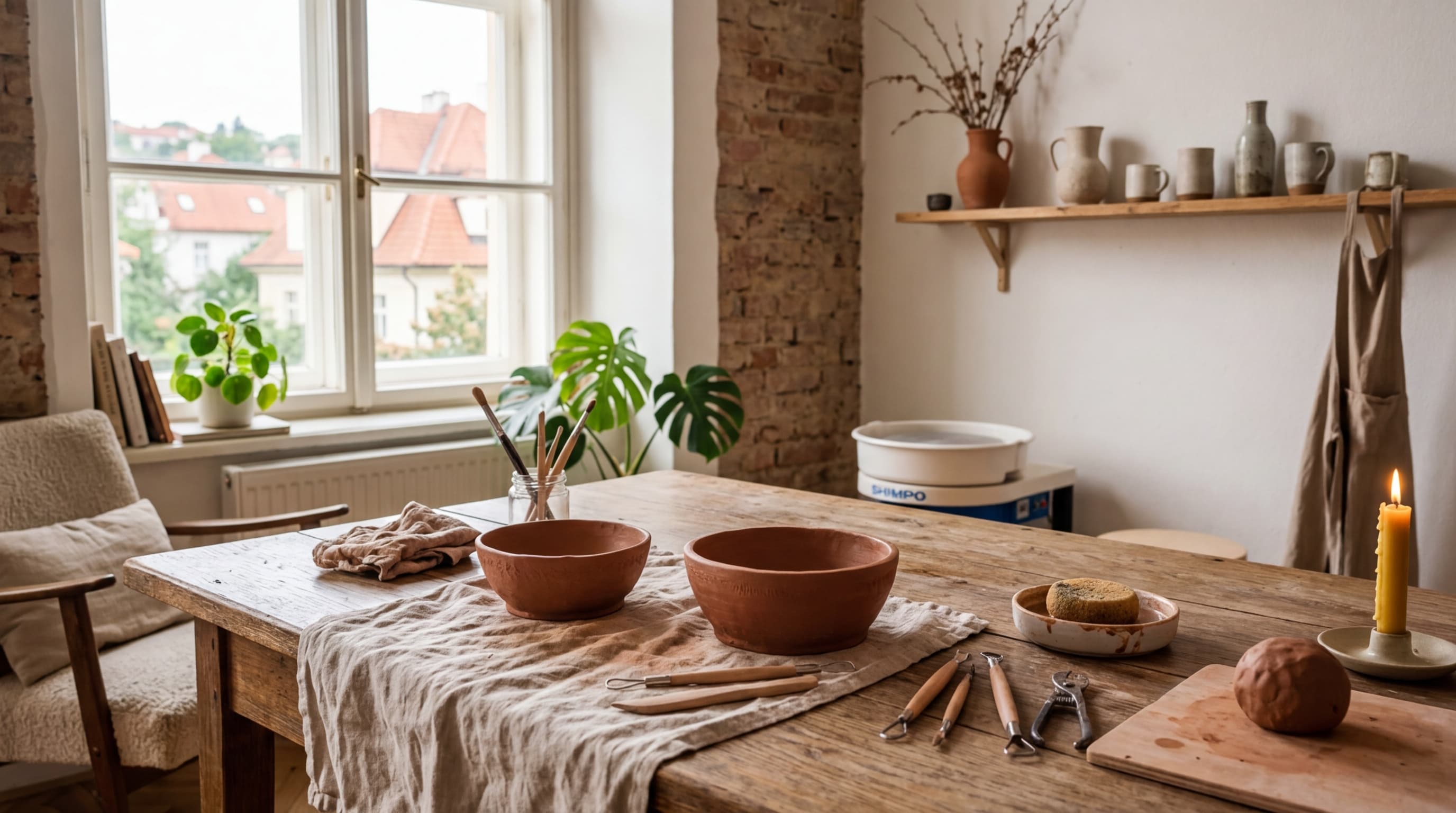 Ruce modelující výrobek z hlíny doma u stolu