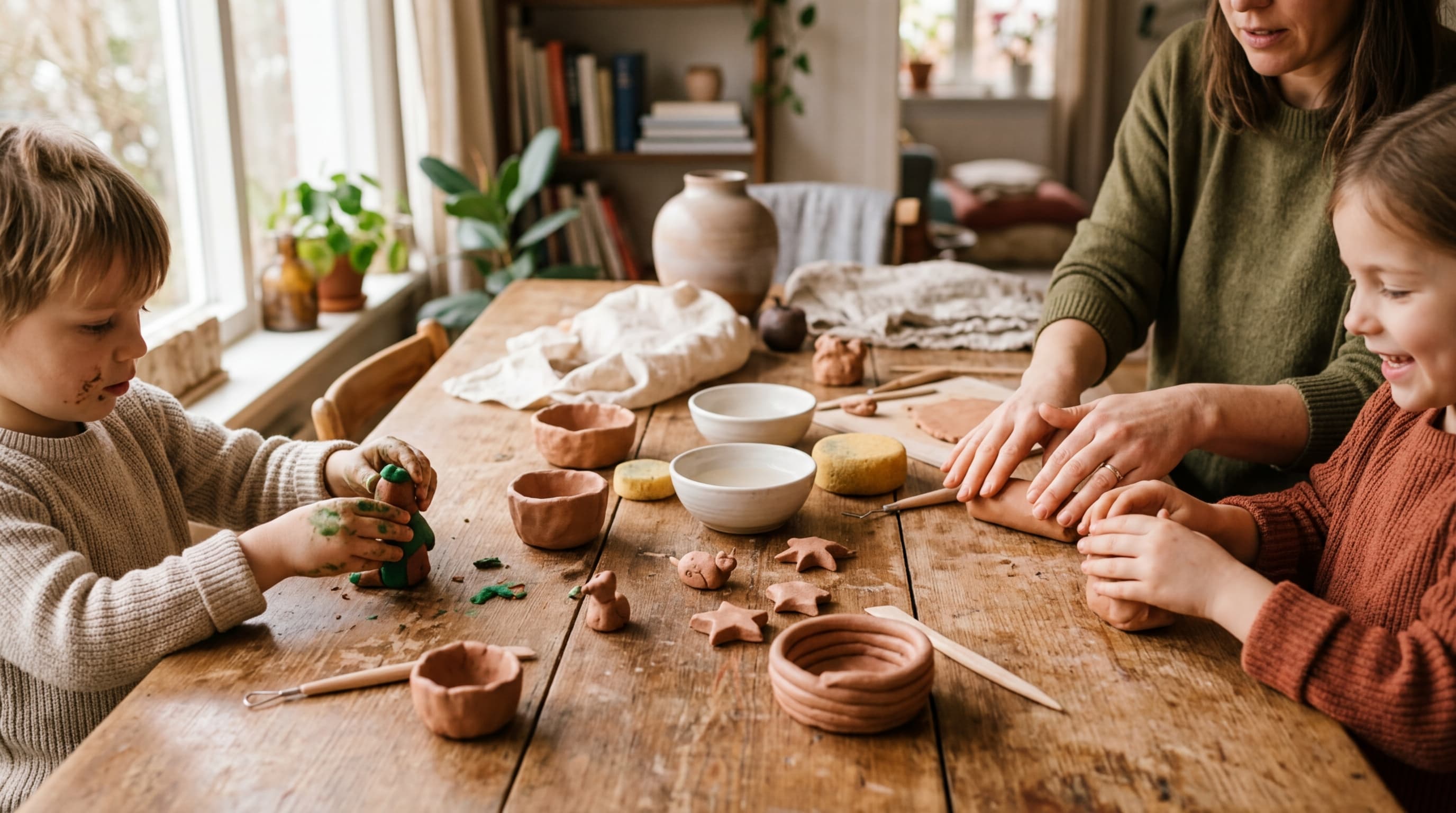 Dítě pyšně drží vlastnoručně vytvořený výrobek z hlíny